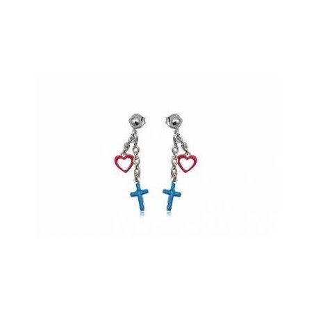 PENDIENTES CRUZ CORAZON DE PLATA DE LEY ESTILO RETRO