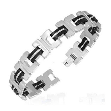 PULSERA DE ACERO Y CAUCHO NEGRO PARA HOMBRE