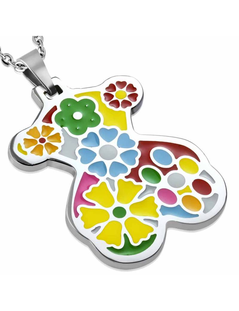 Colgante Osito con Flores de Acero Quirúrgico