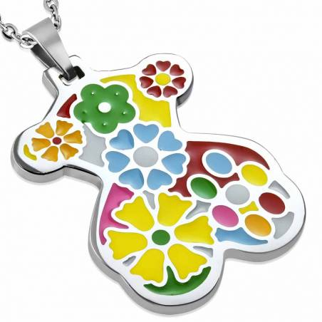 Colgante Osito con Flores de Acero Quirúrgico