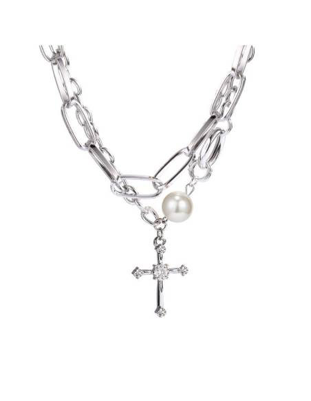 COLLAR CRUZ PERLA DE TITANIO