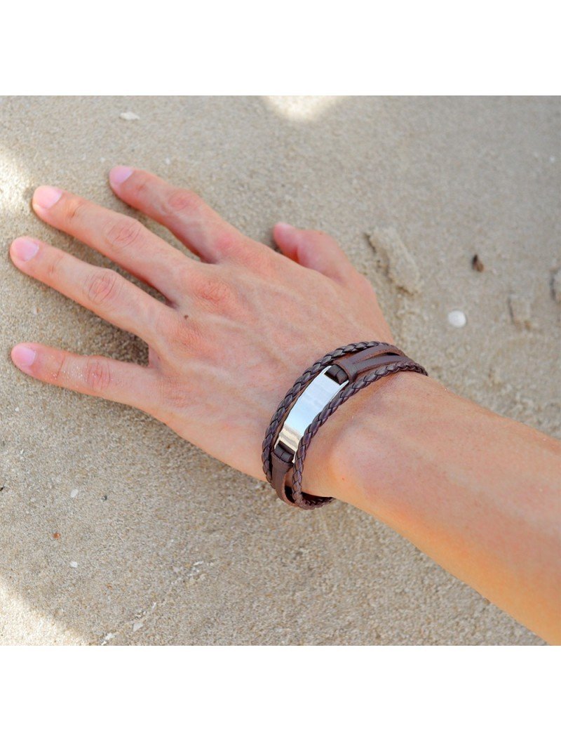 PULSERA DE ACERO Y CUERO PARA HOMBRE
